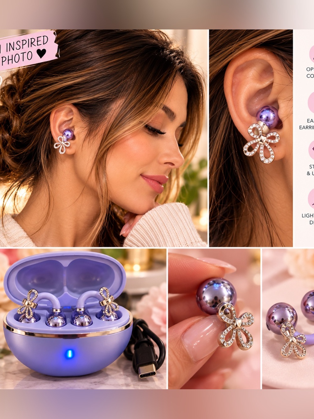 Purple Pearl Open-Ear Wireless Earbuds | Bow Earring Style | Charging Case